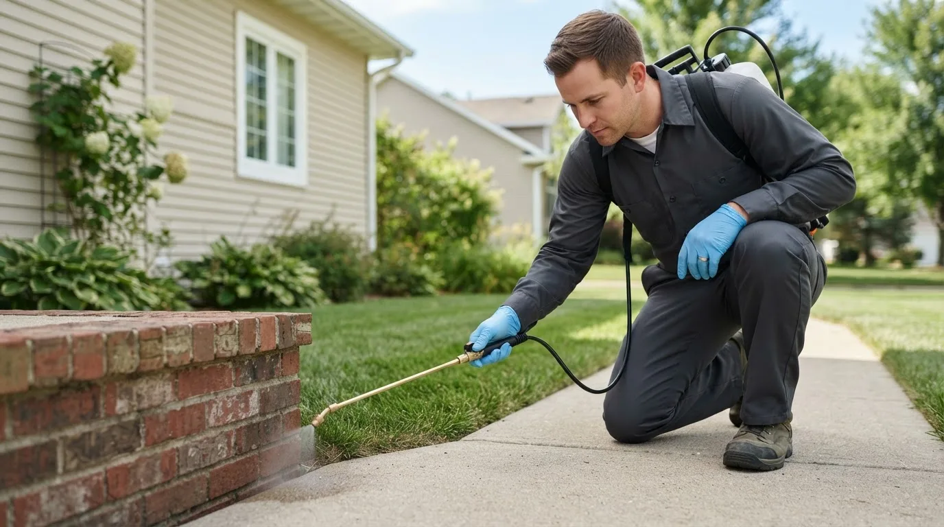 Pest control technician treating a home near Roby, MO