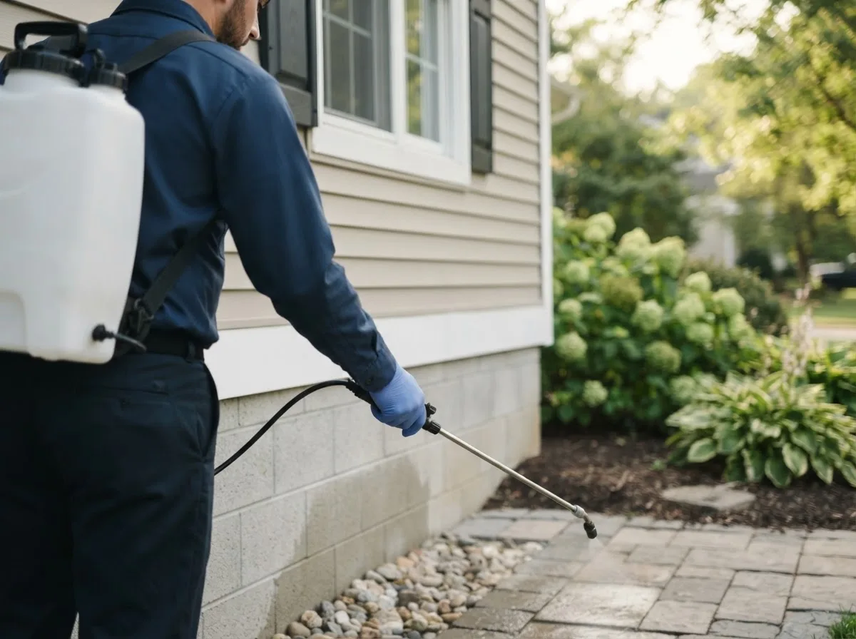 Pest control technician inspecting a home in Roby, MO